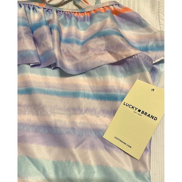 LUCKY BRAND Sz L (12/14) Big GIRLS Swimsuit 1 PC RUFFLE Striped Off Shoulder NEW - Picture 6 of 8